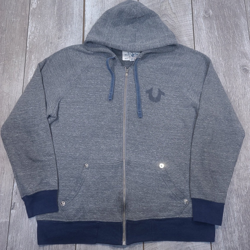 True Religion Zip Up Hoodie Mens XL Gray True DJ Raglan Horseshoe Graphic